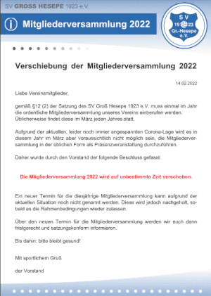 Verschiebung der Mitgliederversammlung 2022